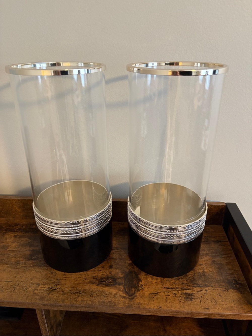 Vera Wang Clear Glass Hurricane Pair with Silver Trim and Black Base